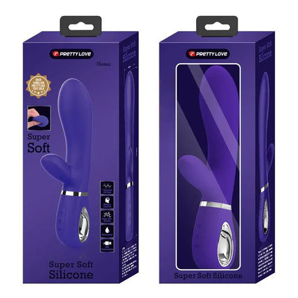 Thomas Vibrator G-Spot Purple - Dual stimulation silicone vibrator with bunny-shaped clitoral stimulator in retail packaging.