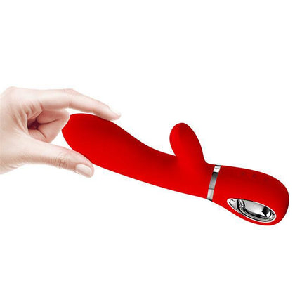 Thomas Vibrator G-Spot Red silicone with curved design for dual stimulation and 7 vibration modes, enhancing pleasure and satisfaction.