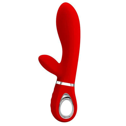 Thomas Vibrator G-Spot Red dual stimulator with 7 vibration modes and curved silicone design for precise G-spot and clitoral pleasure.