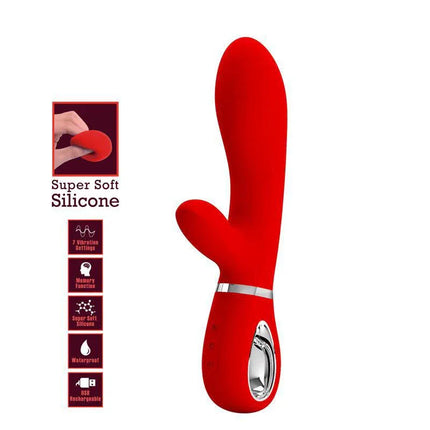 Thomas Vibrator G-Spot Red with silicone material and integrated rabbit stimulator showcasing features like 7 vibration modes.