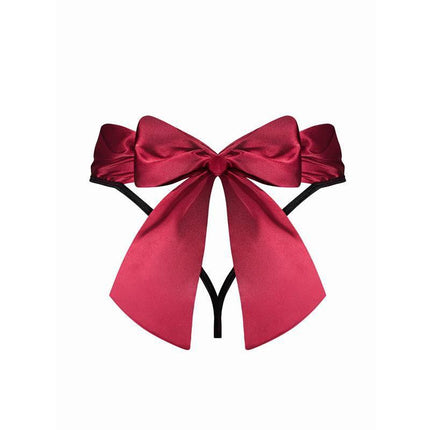 Obsessive lingerie Thong with Bow featuring a red satin bow and black straps, perfect for adding elegance and sensuality.