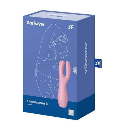 Threesome 3 Lay-on Vibe 3 Motors Pink packaging with pink 3-arm stimulator for enhanced pleasure.