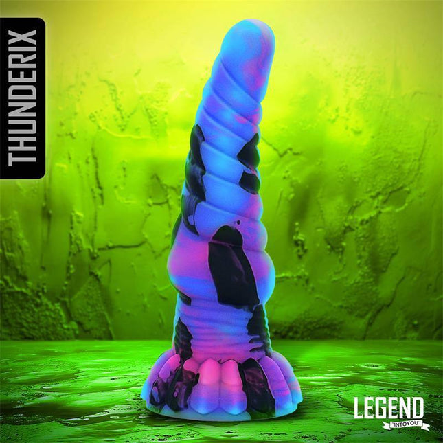 Vibrant Thunderix Liquid Silicone Dildo 17,5 cm against a neon green background.