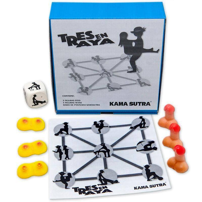 Tic tac toe game Kamasutra edition with game board, whistle and boob figures, and die