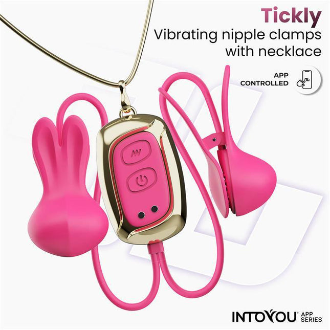 Tickly Nipple Clamps ith Vibration, Remote and Necklace with App displayed on a white background showcasing its features.