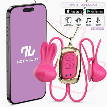 Tickly Nipple Clamps ith Vibration, Remote and Necklace with App showcased with smartphone and remote control from Intoyou® Series