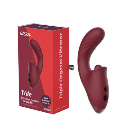 Tide Vibe with Thrusting and Tapping vibrator featuring a 3-in-1 design for versatile pleasure, shown with its packaging.
