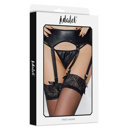Tina 3 Strips garter and Thong Set packaging by Adalet, featuring black garter belt and thong with lace stockings.