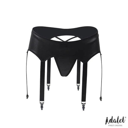 Tina 3 Strips garter and Thong Set by Adalet showing front view of black garter belt with 3 adjustable straps.