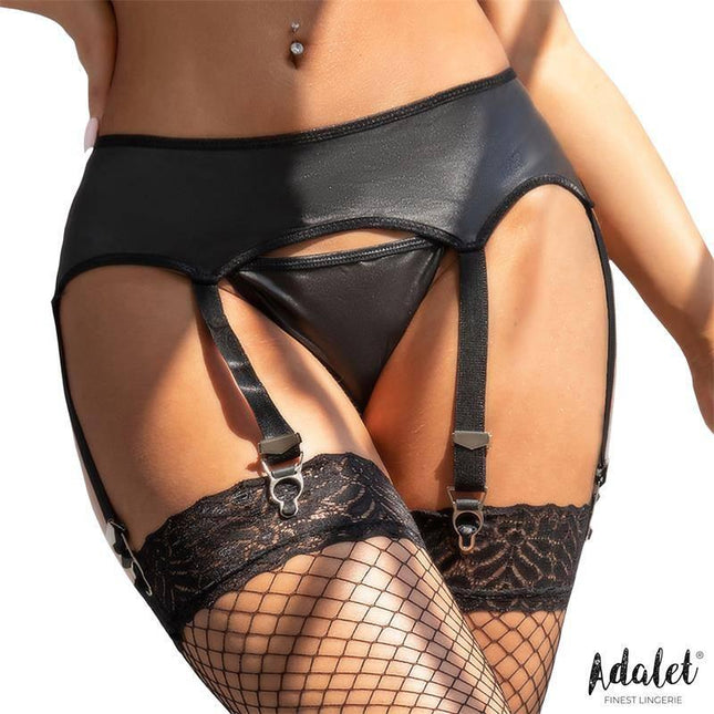 Tina 3 Strips garter and Thong Set by Adalet, featuring black garter belt with straps, ideal for bold, confident silhouette.