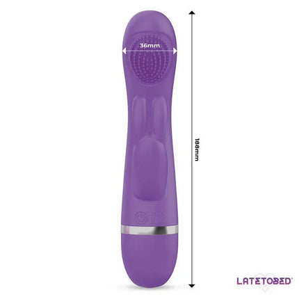 Tinka Ticling Rabbit Vibrator with ergonomic design and dual-stimulation features, measuring 36mm by 188mm, in purple.
