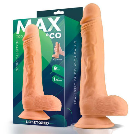 Tod Realistic Dildo with Testicles 9 Flesh by Max & Co, showcasing lifelike detailed design in original packaging.