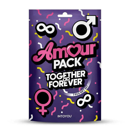 Together & Forever 7 Pcs. Gift Set packaging featuring Amour Pack design with symbols and vibrant colors.