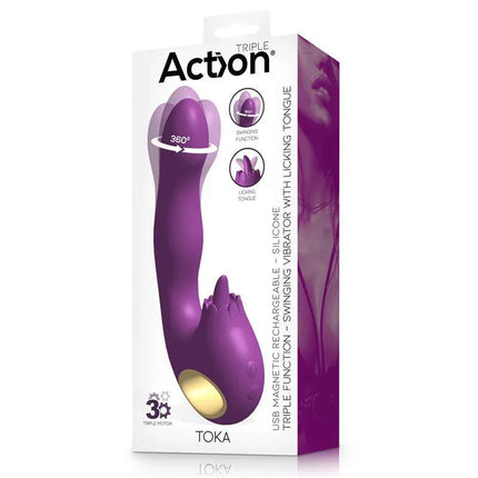 Toka Vibe with Swinging 360º and Stimulating Licking Tongue silicone vibrator packaging with triple-motor features.