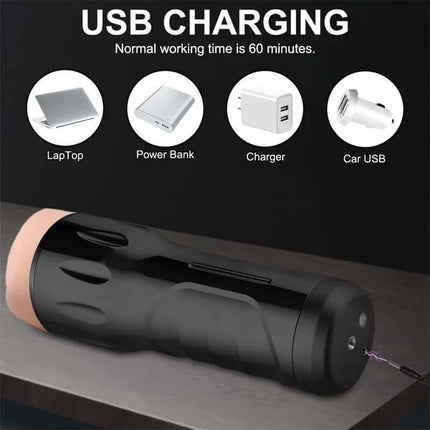 Toni Masturbator with Vibration Vagina featuring USB charging compatibility with laptop, power bank, charger, and car USB options.