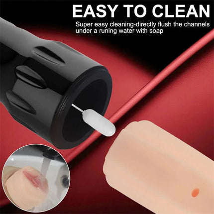 Toni Masturbator with Vibration Vagina featuring easy cleaning instructions under running water and soap.