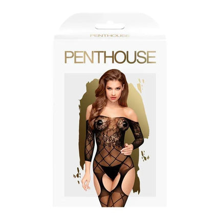 Penthouse Top-Notch Bodystocking Black packaging with model showcasing the design