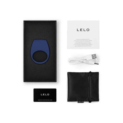 Tor 3 COuple Ring with Lelo APP Base Blue displayed with accessories including USB cable, pouch, and warranty card in box.