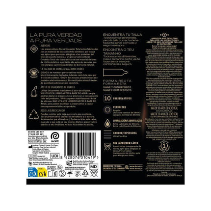 Back packaging of Total Connection Condoms 10 Units showing product details and instructions.