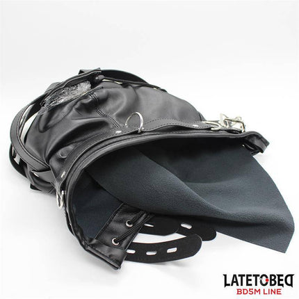 Total Lockdown Hood from Latetobed featuring breathable airflow and adjustable straps for secure BDSM restraint.
