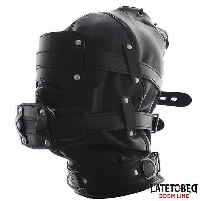 Total Lockdown Hood by Latetobed BDSM Line featuring secure design for immersive experience with eye, nose, and mouth openings.