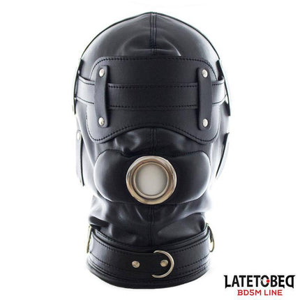 Total Lockdown Hood BDSM mask with adjustable straps for secure restraint by Latetobed, featuring visibility and breathable airflow.