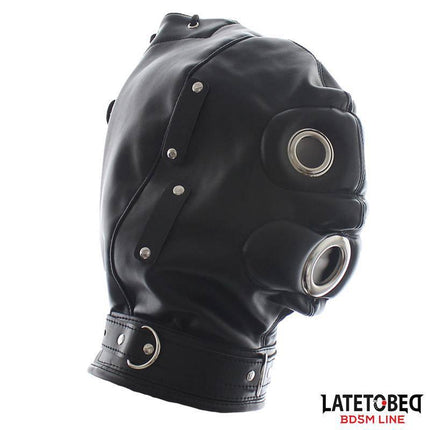 Total Lockdown Hood from Latetobed BDSM line with eye, nose, and mouth openings for immersive experience and secure fit.