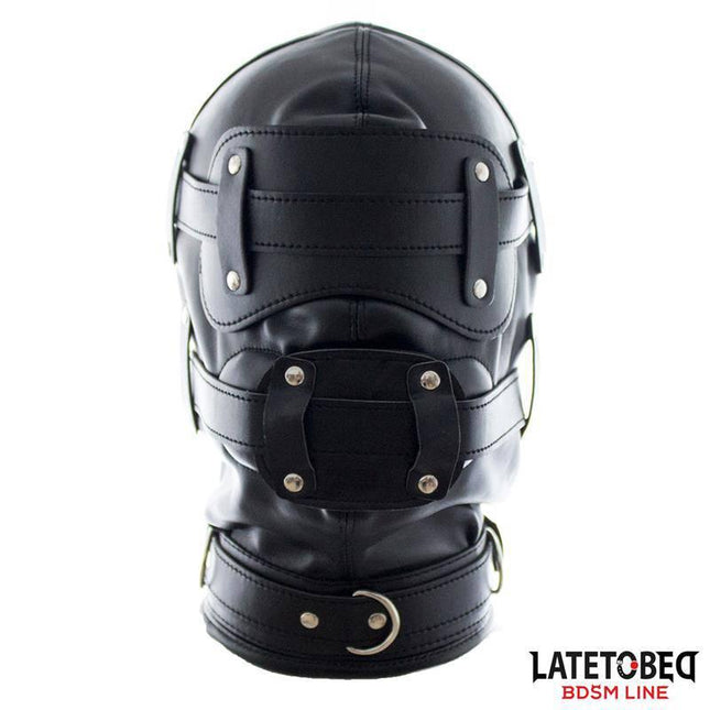 Total Lockdown Hood BDSM mask with straps and buckles for secure restraint, breathable airflow, and visibility from Latetobed.