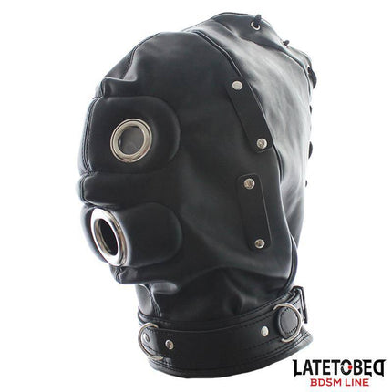 Total Lockdown Hood with eye, nose, and mouth openings from Latetobed BDSM Line, designed for immersive and controlled play experience.