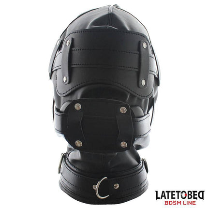 Total Lockdown Hood from Latetobed BDSM Line, in black leather with eye, nose, and mouth openings for immersive play experience.
