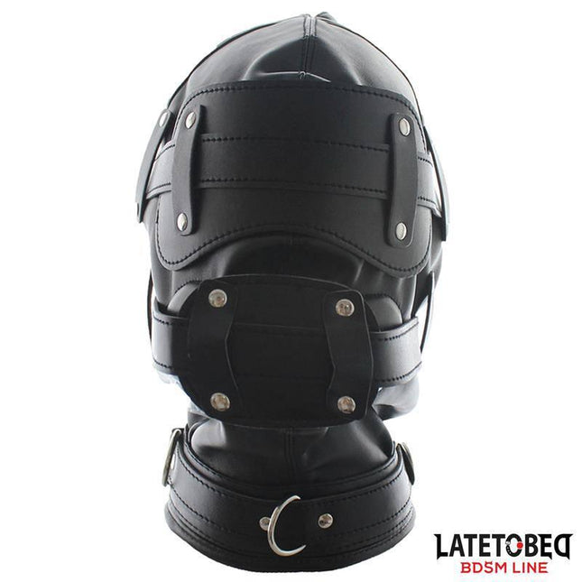 Total Lockdown Hood from Latetobed BDSM Line, in black leather with eye, nose, and mouth openings for immersive play experience.