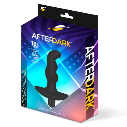 Packaging of Tourmaline Vibrating Anal Plug by Afterdark with premium silicone design and 10 vibration modes for intimate pleasure.