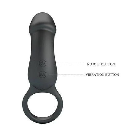 Trae Vibrating Cock Ring USB Black with dual buttons for power and vibration control displayed on sleek design.