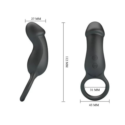 Dimensions of Trae Vibrating Cock Ring USB Black with power buttons and ring details for enhanced experience.