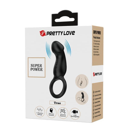 Packaging of Trae Vibrating Cock Ring USB Black with multiple vibration settings.