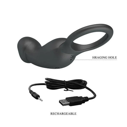 Trae Vibrating Cock Ring USB Black with charging cable, featuring a HRAGING hole and rechargeable design for versatile pleasure