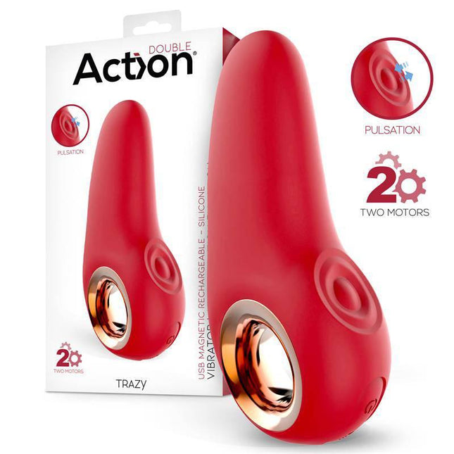 Trazy Stimulator with Pulsation Ergonomic USB in packaging showcasing dual motors and pulsation features