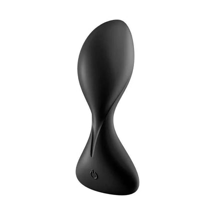 Trendsetter Butt Plug with Vibration and APP Black, unisex anal vibrator with flattened tongue-like shape and wide base for safe use