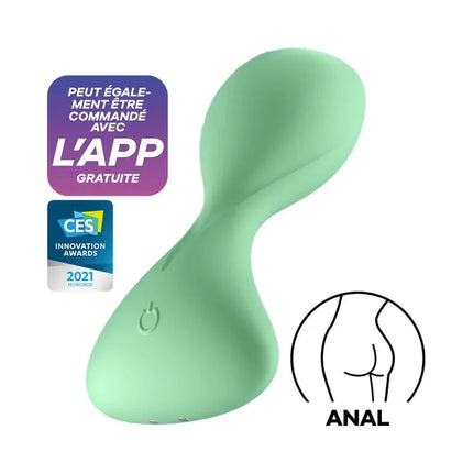 Trendsetter Butt Plug with Vibration and APP Light Green for precise anal stimulation, CES award icon, app feature highlight.