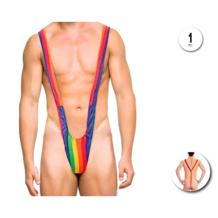 Trikini Men LGBT with rainbow design, front and back view, playful style for festive occasions and celebrations.