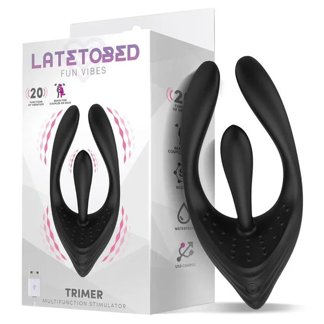 Trimer 3 Motors Flexible Stimulator USB Silicone, versatile multi-functional stimulator for couples, black with packaging.