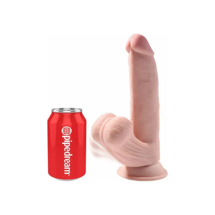 Triple Density Dildo Swinging Balls 8 with lifelike swinging testicles beside a red soda can for size comparison.