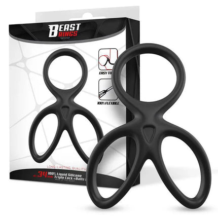 Triple Penis and Testicles Ring Liquid Silicone by Beast Rings in packaging