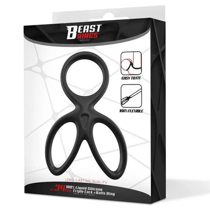 Beast Rings Triple Penis and Testicles Ring Liquid Silicone in black packaging