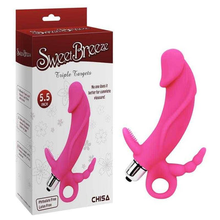 Triple Stimulator Triple Targets pink toy with removable vibrating bullet and clitoral stimulator, shown with packaging