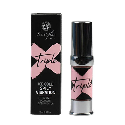Triple X Unisex Pleasure Intensificator in packaging, 3-in-1 gel for enhanced intimacy with cooling, tingling, and vibration sensations.