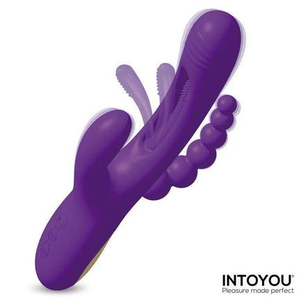 Purple Triya Vibe with Flipping Tongue and Anal Beads by Intoyou featuring three powerful motors for customizable pleasure.