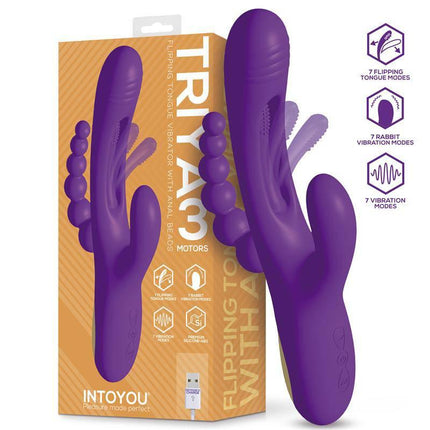 Triya Vibe with Flipping Tongue and Anal Beads in purple packaging showcasing three motors and vibration modes by Intoyou.