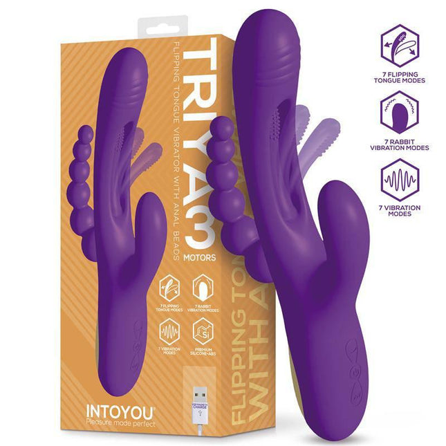 Triya Vibe with Flipping Tongue and Anal Beads in purple packaging showcasing three motors and vibration modes by Intoyou.