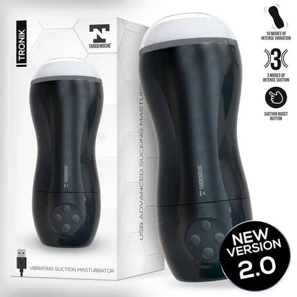Tronik 2.0 Sucking and Vibrating Masturbator USB with dual-motor design for customizable pleasure, black device and packaging